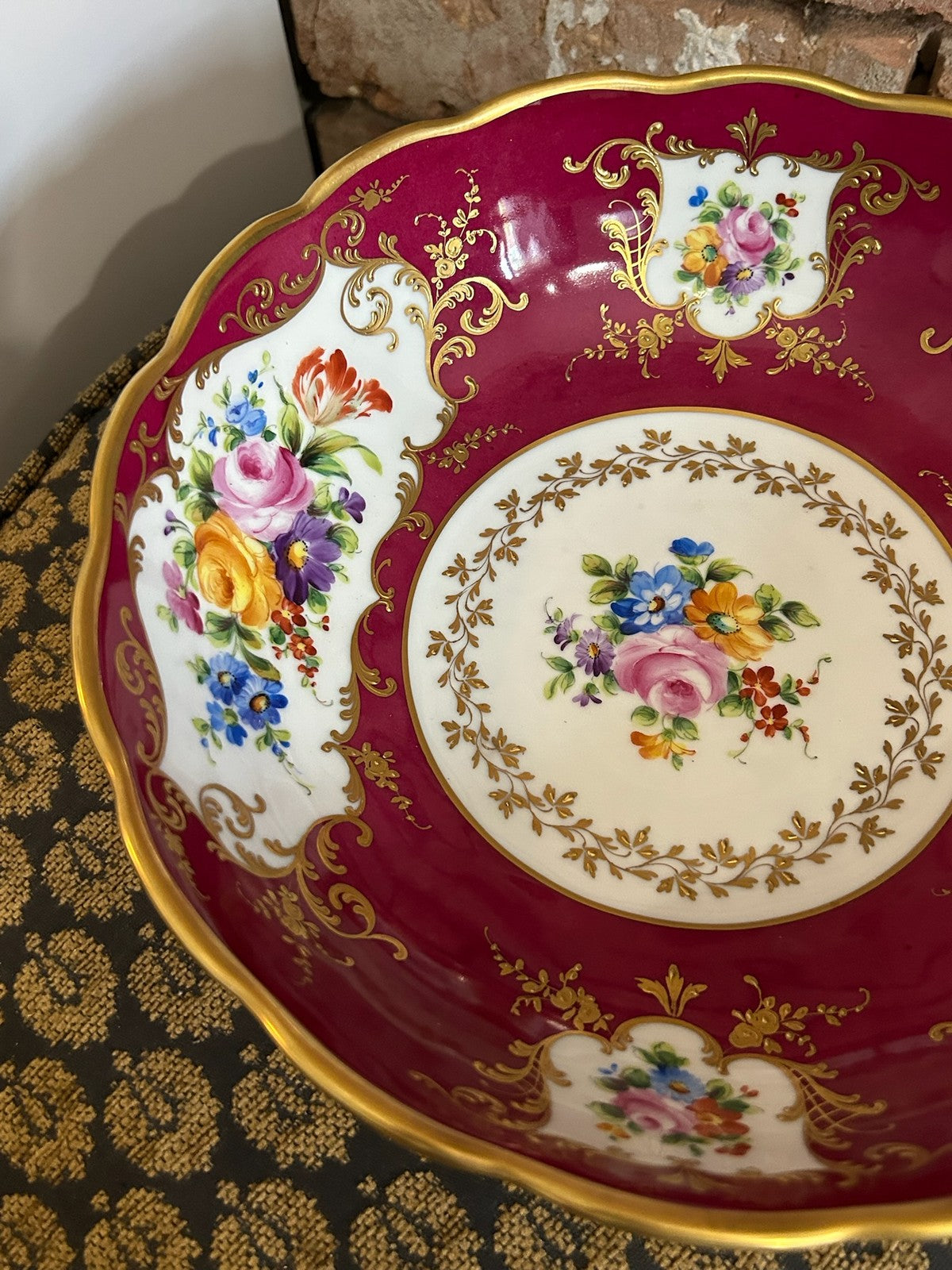 Le Tallec Paris Hand Painted Porcelain Bowl Crimson Gilt Floral Scalloped Rim3