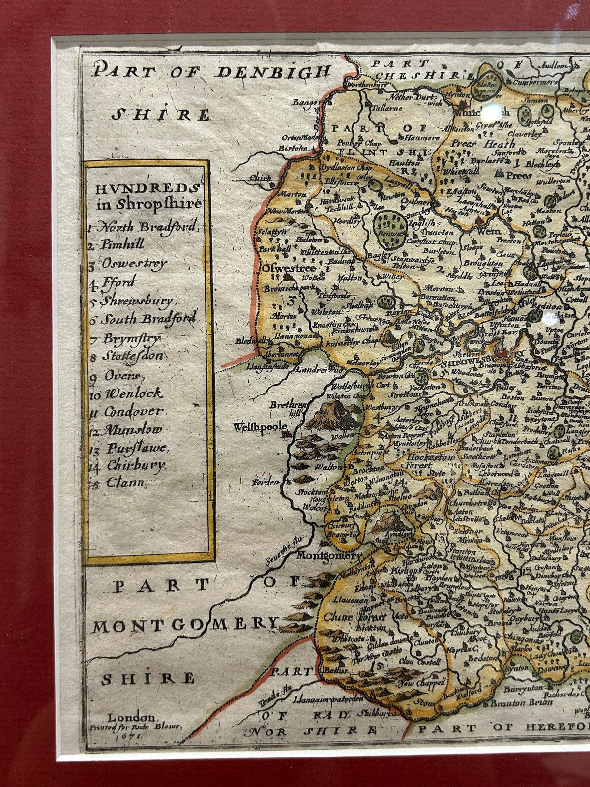 Antique Richard Blome Map of Shropshire Britannia 1673 Hand Coloured Framed2