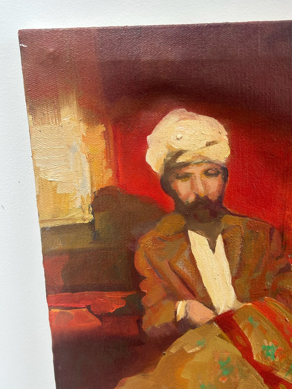 Orientalist Oil Painting Figures in Interior Court Scene Signed1