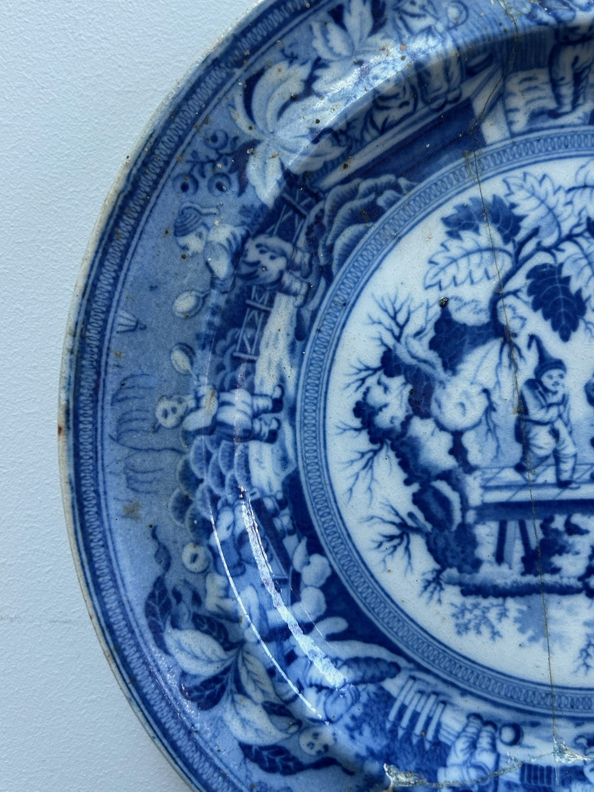 Antique Staffordshire Blue White Plate Figural Scene Poss Minton c1825 Transfer1