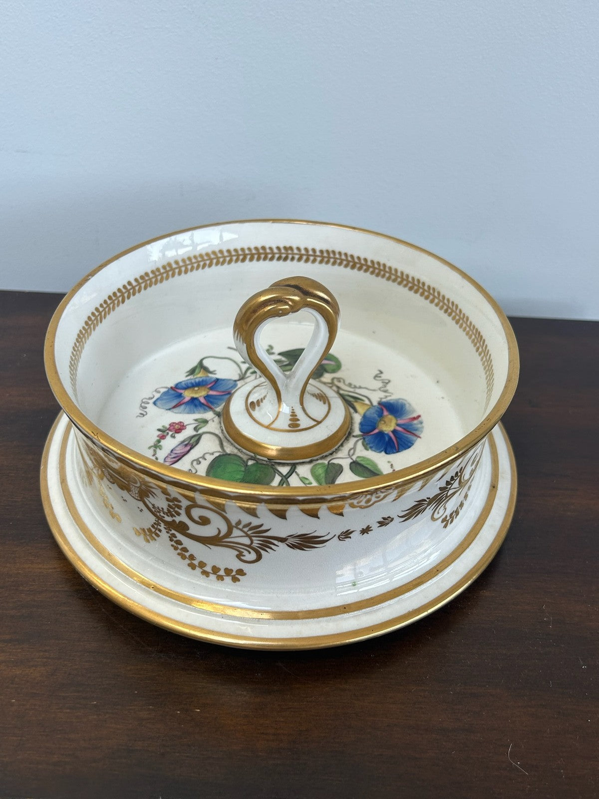 British Porcelain Ice Pail Cover / Lid Gilt & Floral Twin Handled1