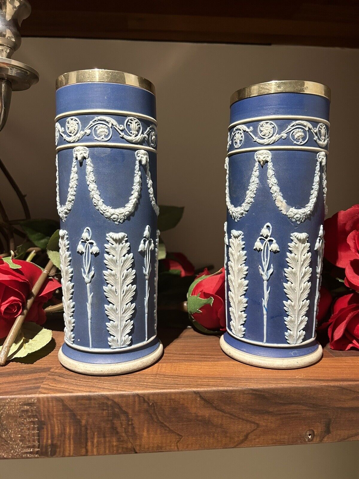 Wedgwood Jasperware Silver Rim Pair Acanthus Spill Vases