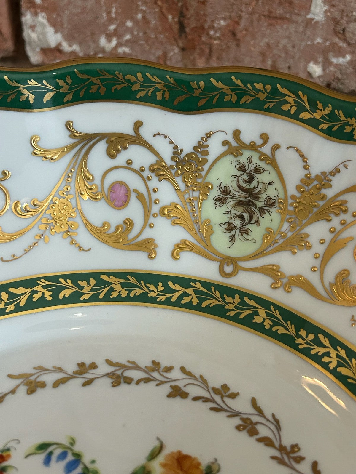 Le Tallec Paris Hand Painted Porcelain Bowl Green Gilt Border Floral Centre8