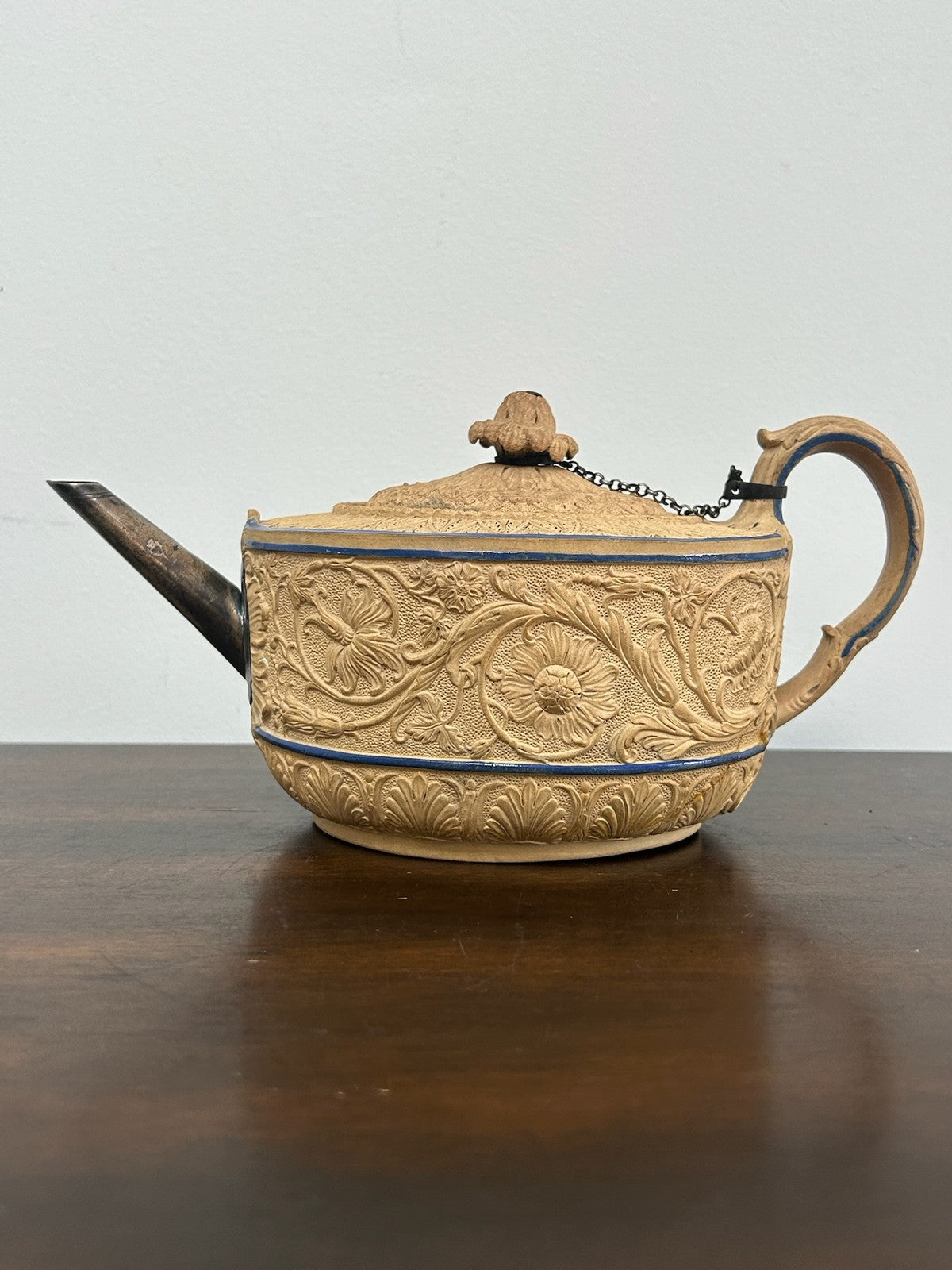 Antique Caneware Teapot Regency c1815 Relief Blue Line Silver Spout Stoneware0