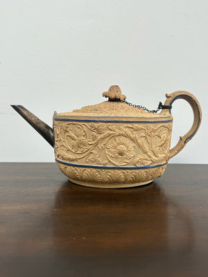 Antique Caneware Teapot Regency c1815 Relief Blue Line Silver Spout Stoneware