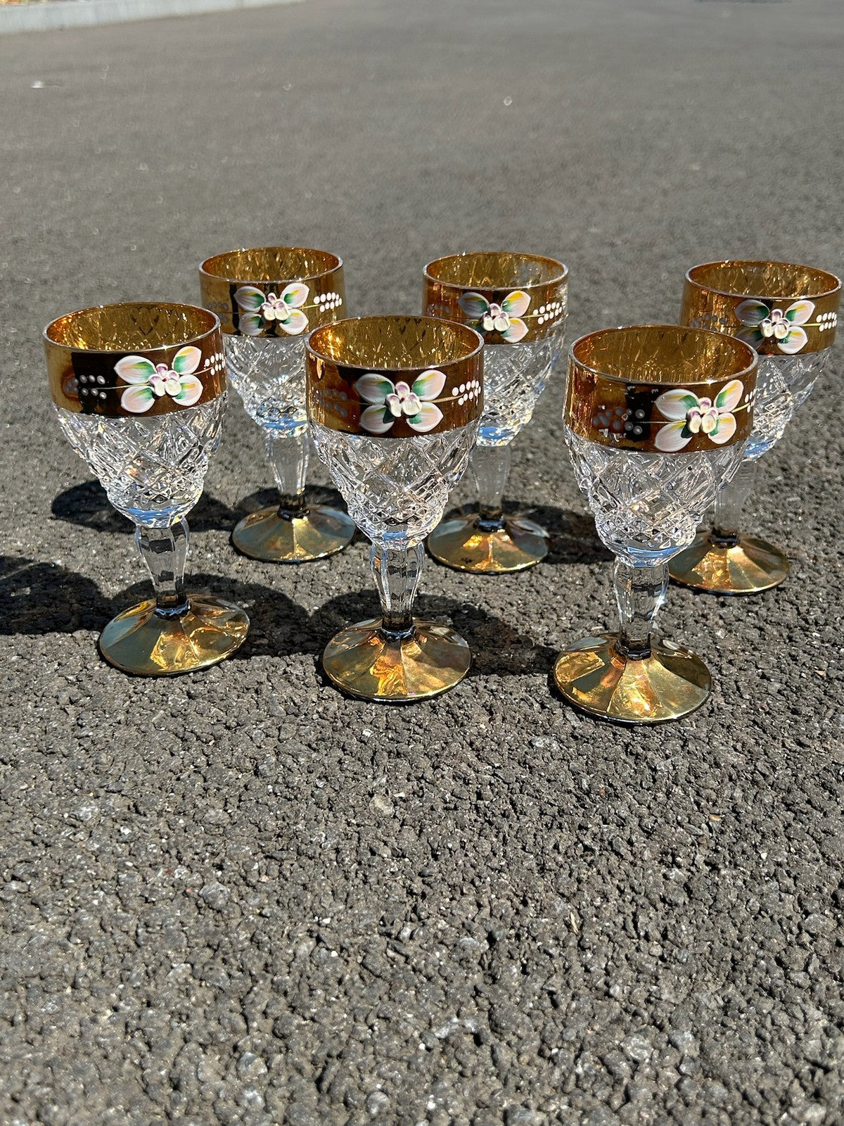 Set of 6 Bohemian Style Cut Crystal Wine Glasses Gilt Bands Enamelled Flowers0