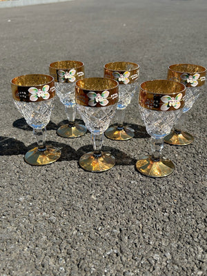 Set of 6 Bohemian Style Cut Crystal Wine Glasses Gilt Bands Enamelled Flowers