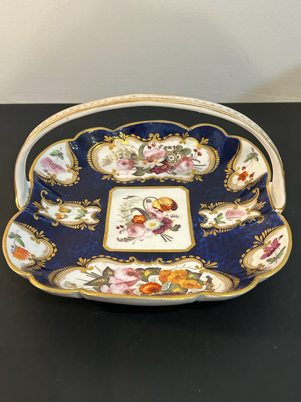 Antique English Porcelain Basket Cobalt Gilt Painted Flowers Handle A/F0