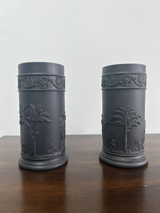 Wedgwood Black Basalt Jasperware Spill Vases Brush Vase Pair Basalt