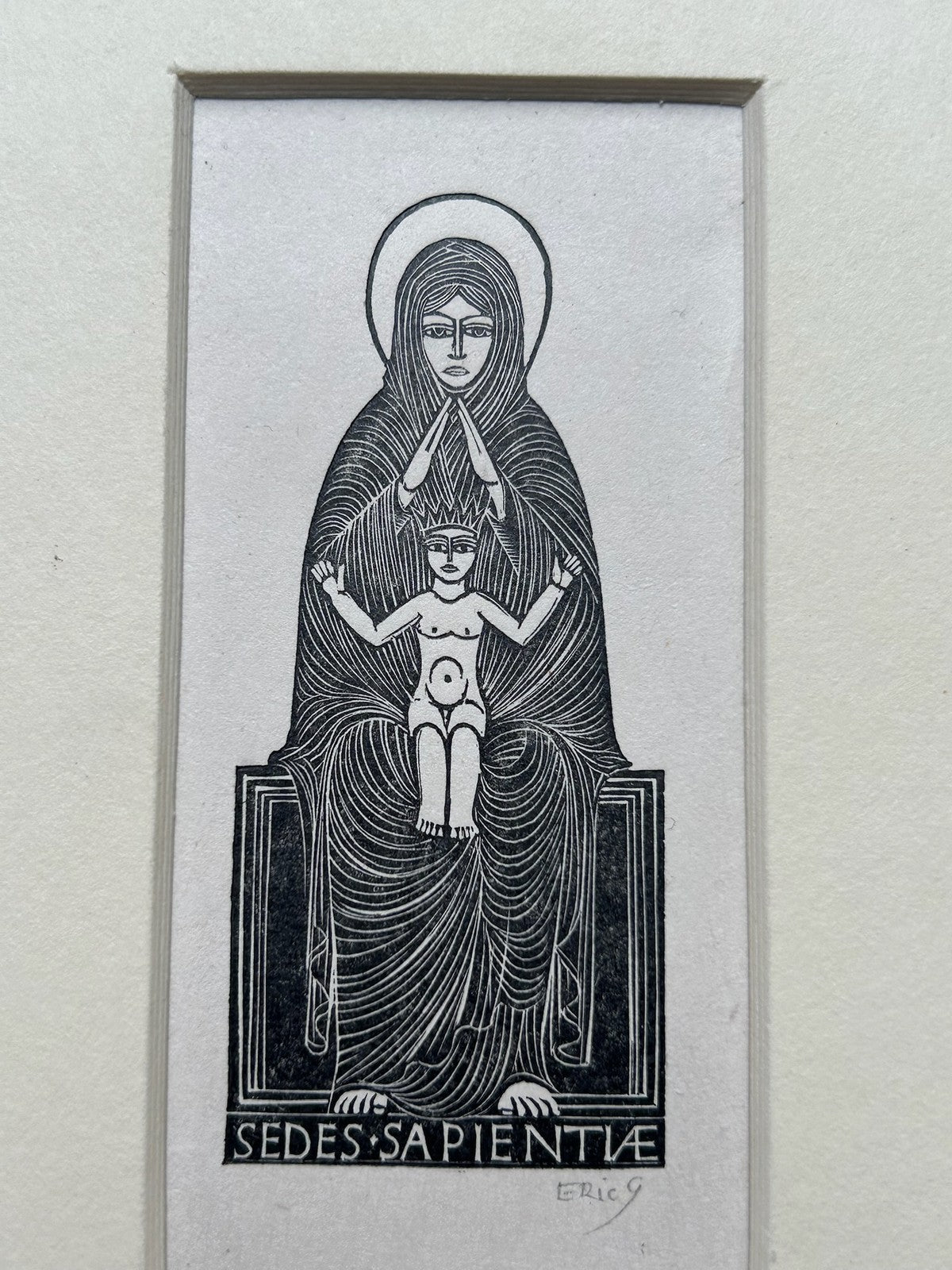 Eric Gill Signed Wood Engravings Virgin & Child Sedes Sapientiae Pair Mounted6