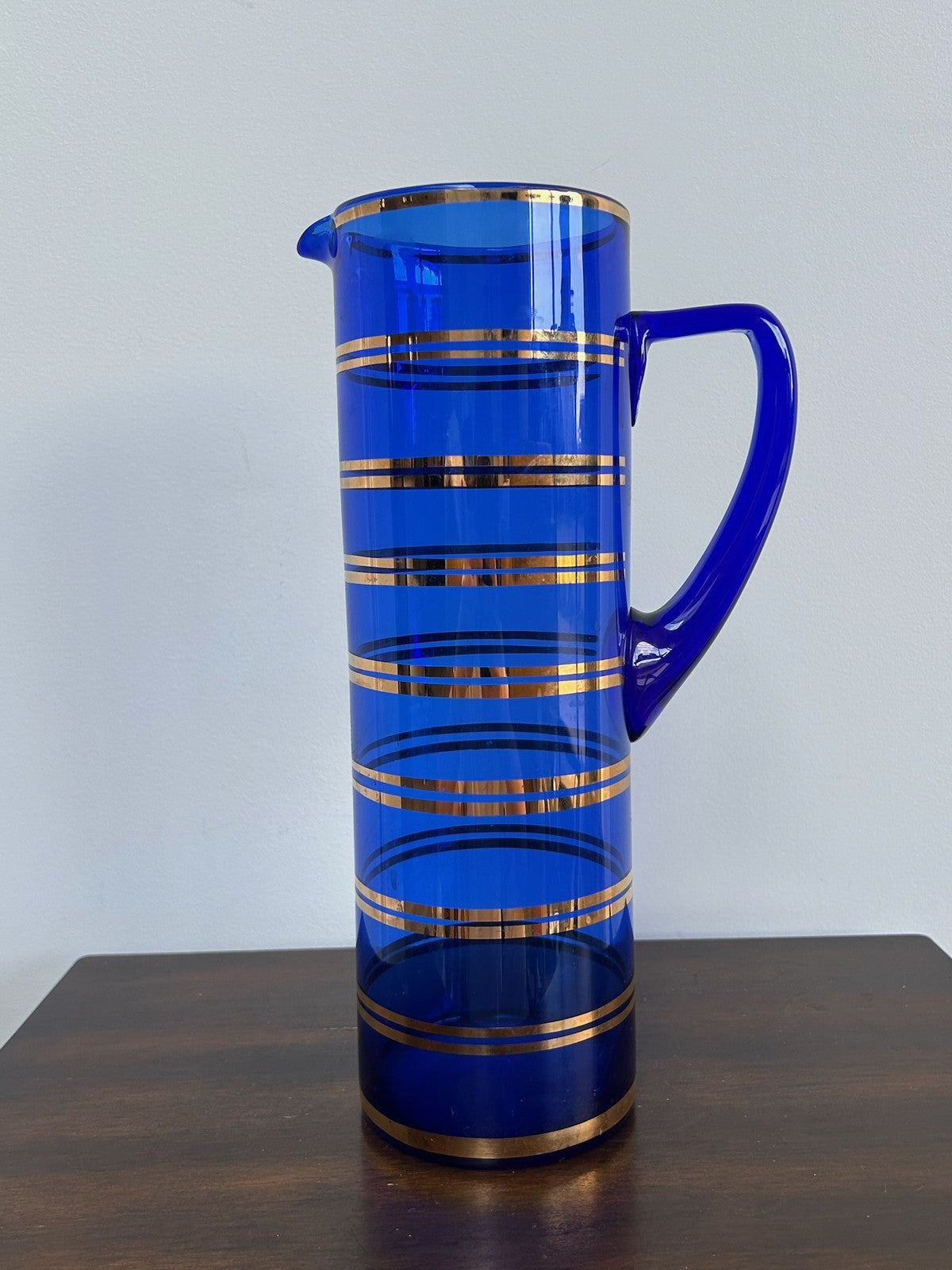 Bohemian Hand Blown Cobalt Blue Glass Jug Gilt Bands2