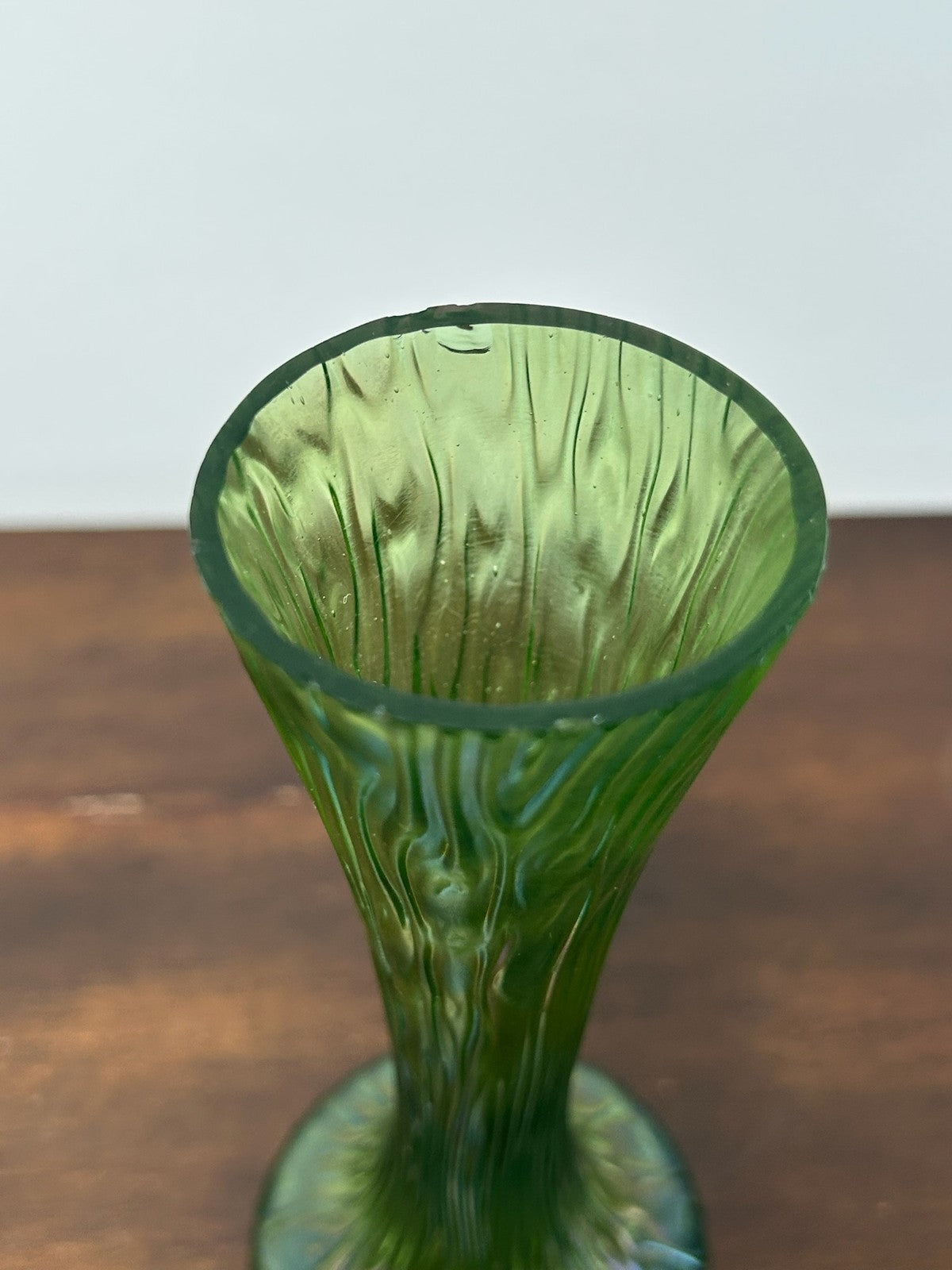 Loetz Bohemian Iridescent Art Glass Vase Green Oil Spot Bark 18cm5