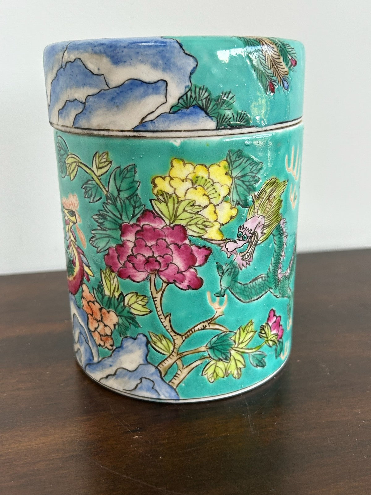 Chinese Famille Rose Green Ground Lidded Caddy Birds & Flowers 15cm3