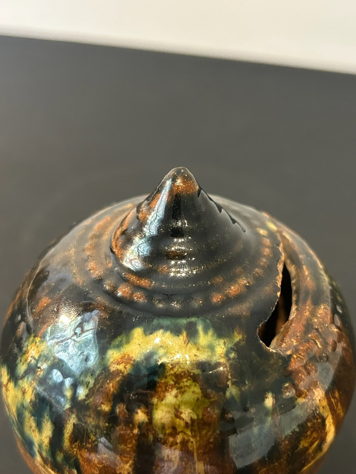 Antique 19th Century Pottery Beehive Money Box Knop Finial Mottled Treacle Glaze5