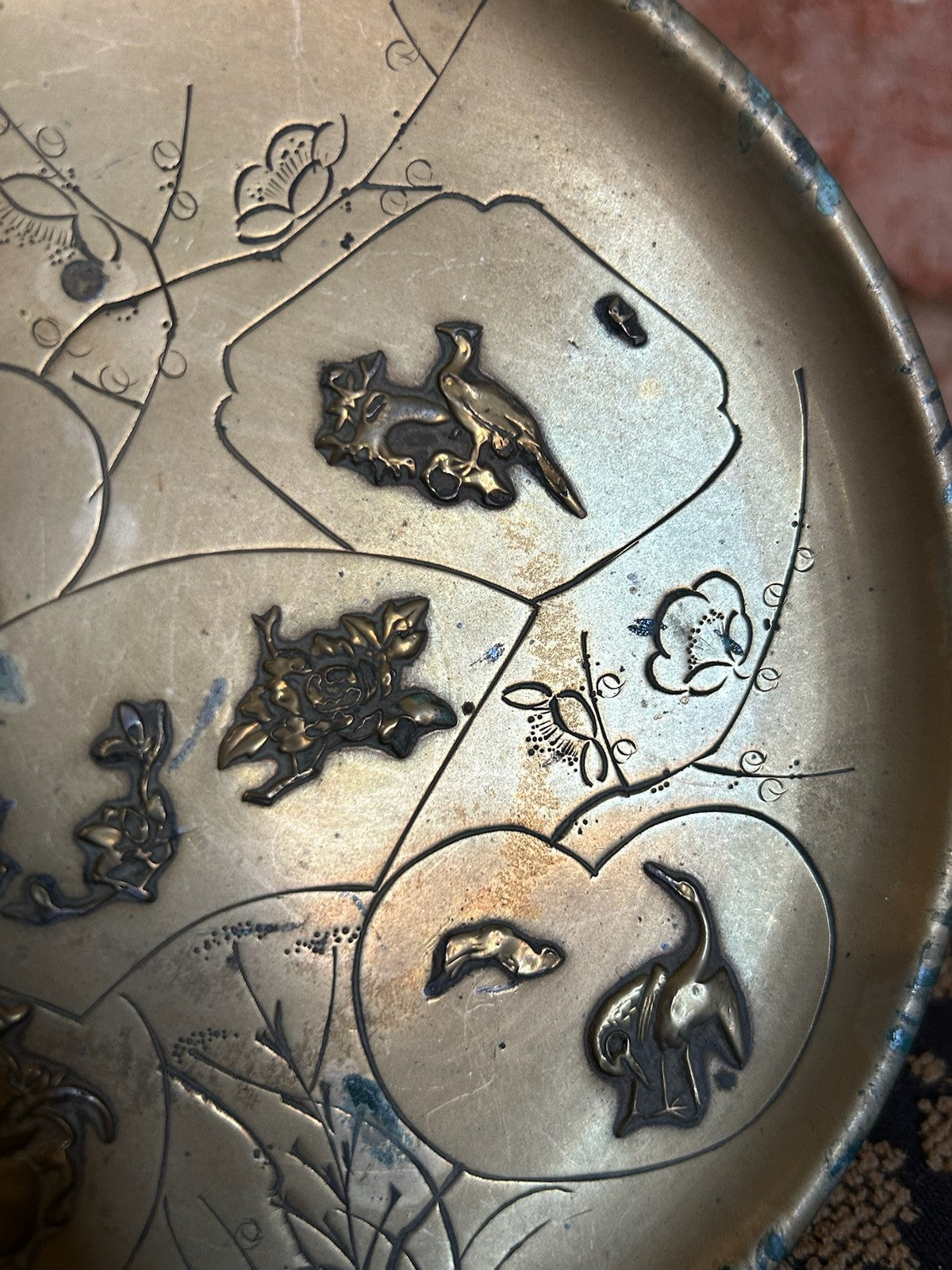 Japanese Brass Relief Dish Engraved Fan Panels Birds Flowers Plum Blossom6