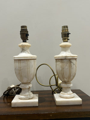 Pair Vintage Alabaster Urn Table Lamps Square Marble Bases