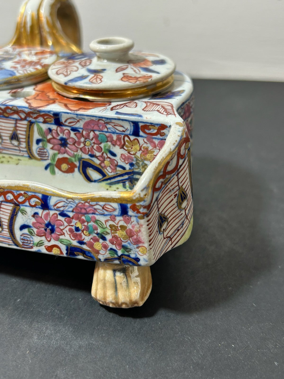 Antique Masons Patent Ironstone Imari Inkstand Desk Stand Paw Feet c1820 A/F3