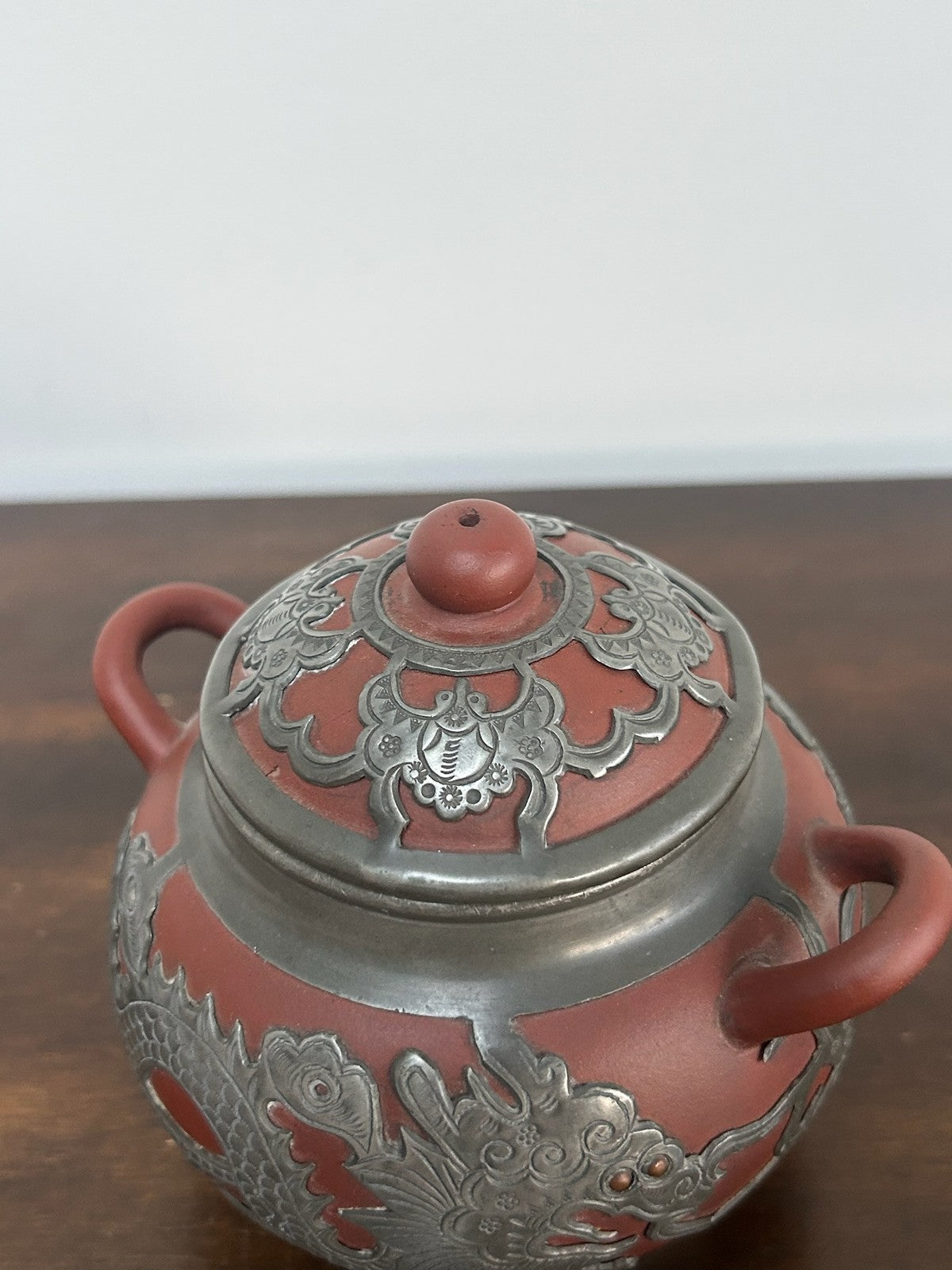 Chinese Yixing Zisha Stoneware & Pewter Mounted Vessel 11cm4