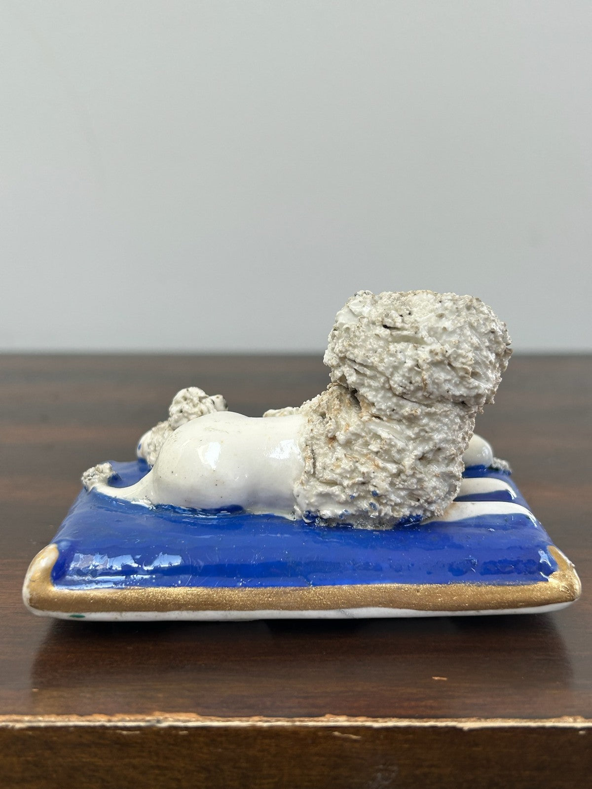 Antique Staffordshire Porcelain Poodle on Cobalt Cushion Crumb Texture2