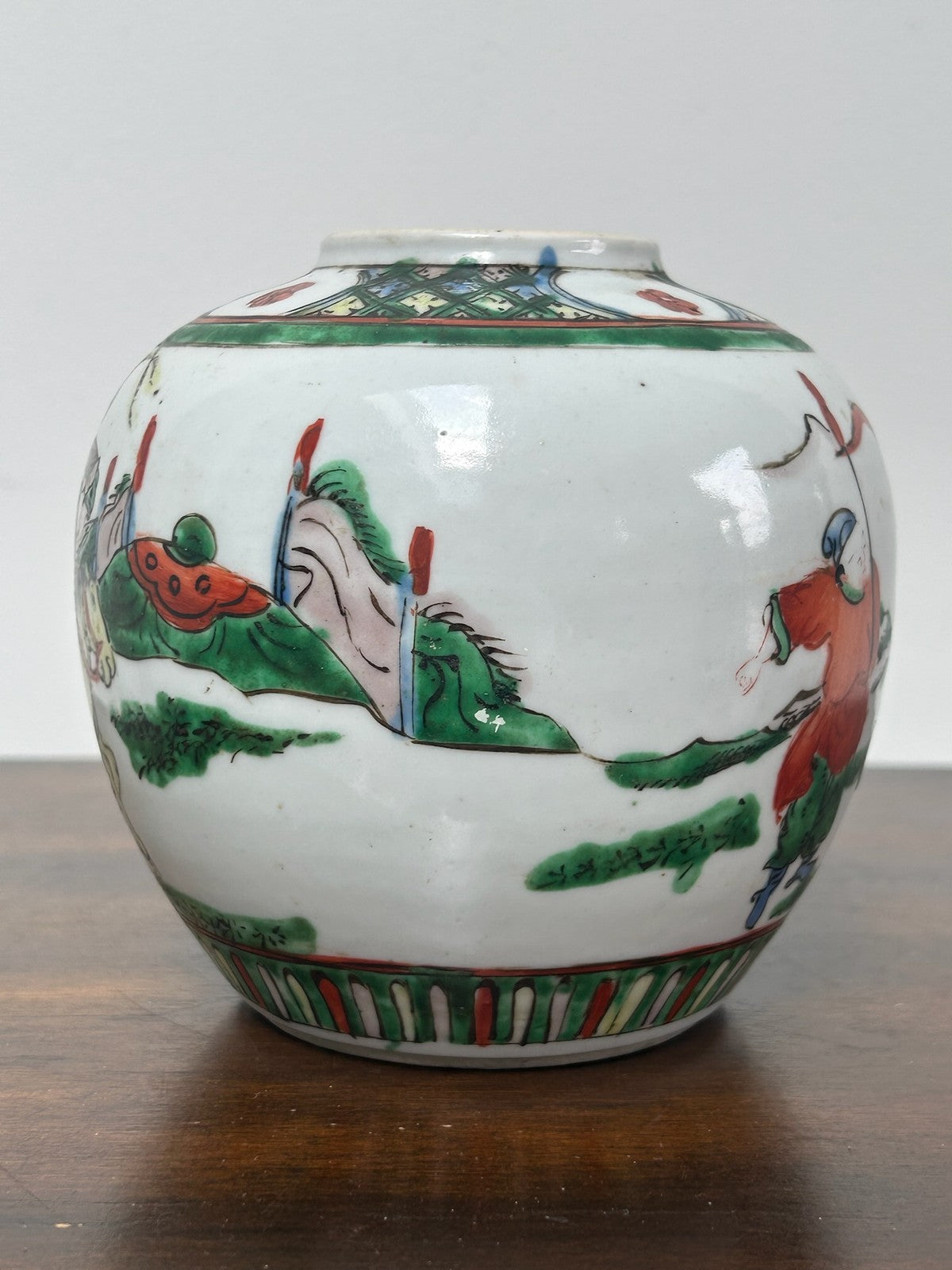 Antique Chinese Famille Verte Wucai Warrior Jar Kangxi Mark Late Qing Republic3