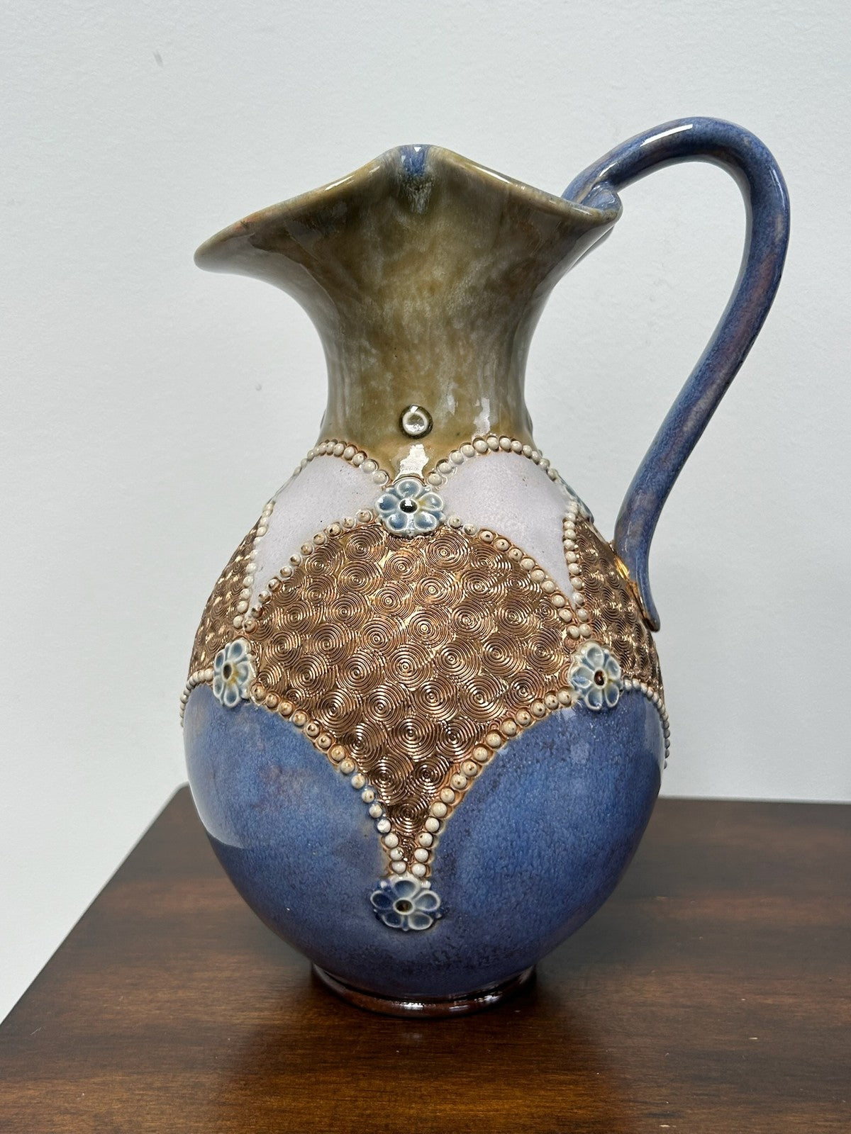 Pair Royal Doulton Stoneware Ewers Jugs Blue & Brown Beaded 22cm2