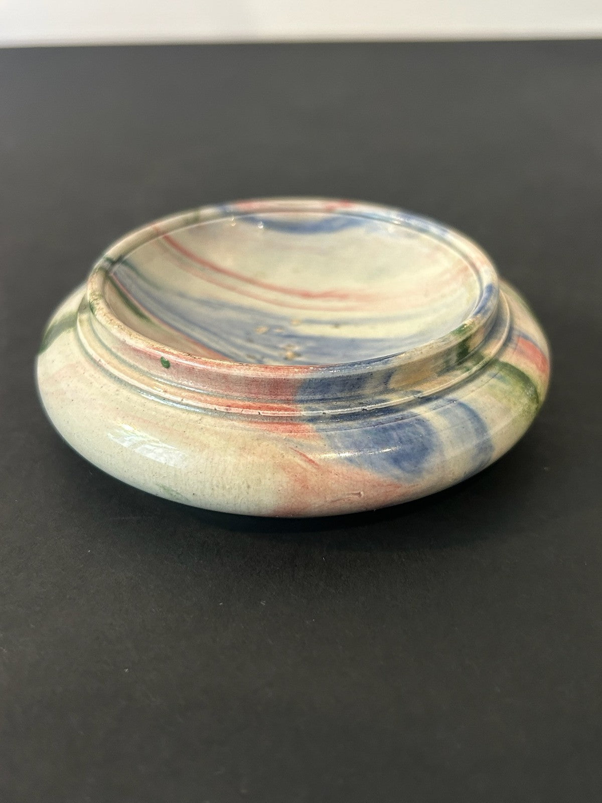 Antique Marbled Slip Earthenware Dish Stand Blue Pink Green Marbling 10cm3