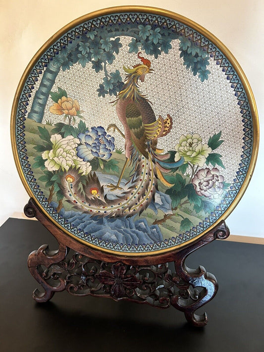 20th Century Chinese Cloisonné Charger Peacock With Wooden Stand