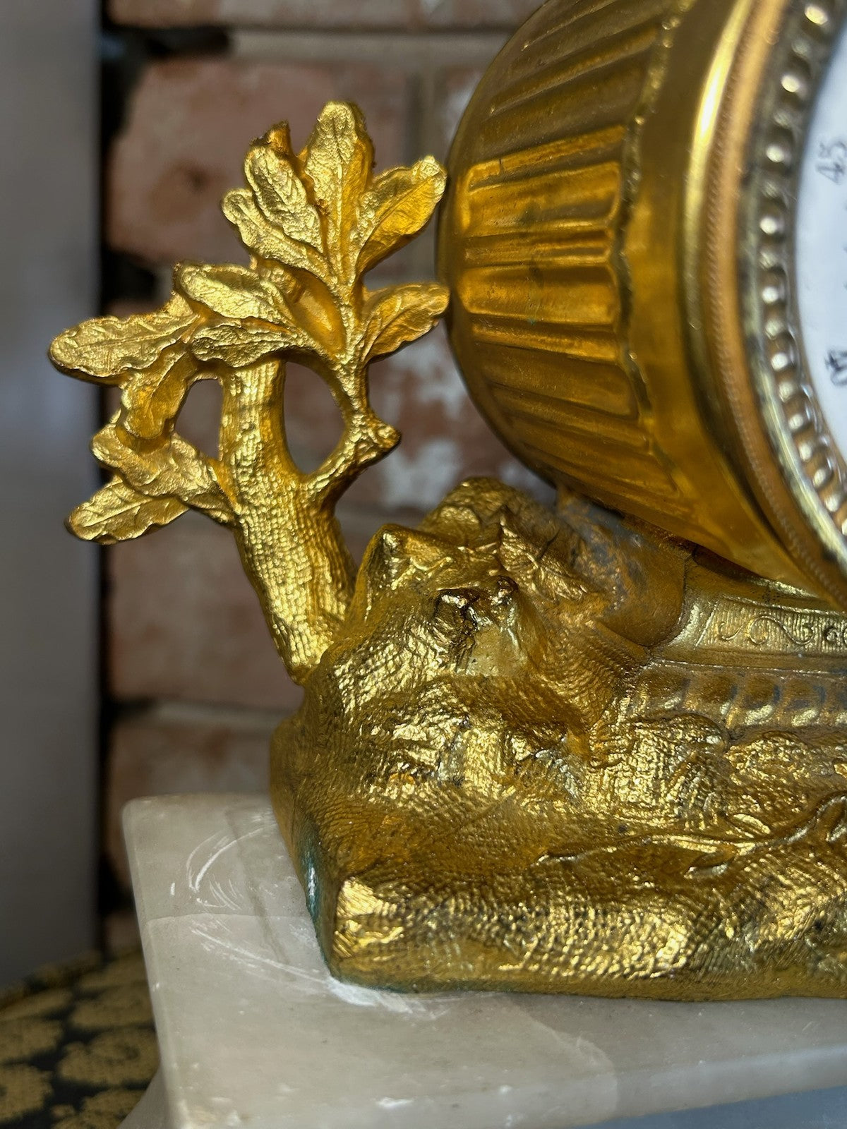 Antique French Gilt Metal Figural Mantel Clock White Marble Base Bell Strike6