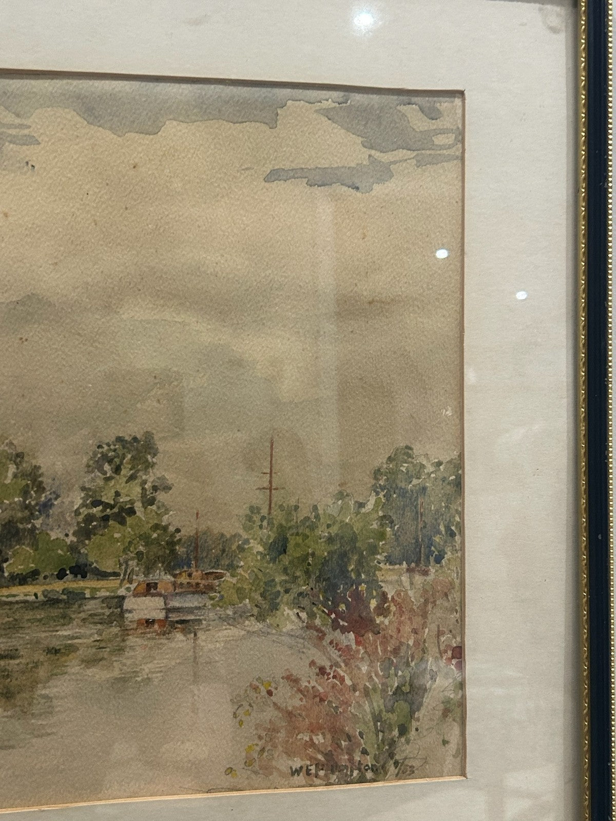 Framed Watercolour Painting River Landscape Trees Reflections Unsigned3