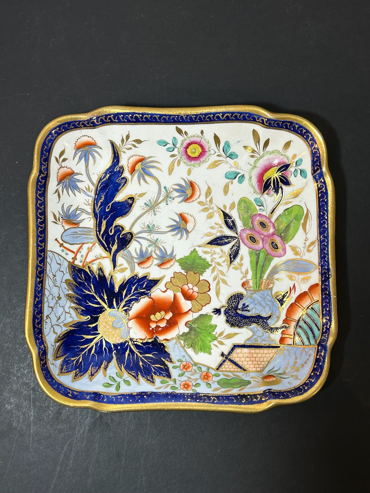 Antique Coalport Porcelain Imari Square Dessert Dish Cobalt Gilt Peony c18150