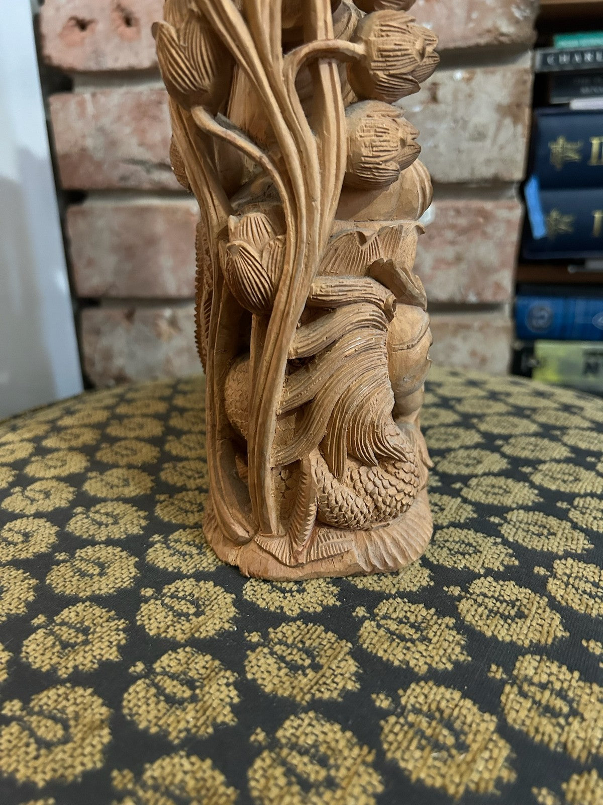 Chinese Carved Wood Guanyin Figure Group Dragons Lotus Deeply Carved Panel11