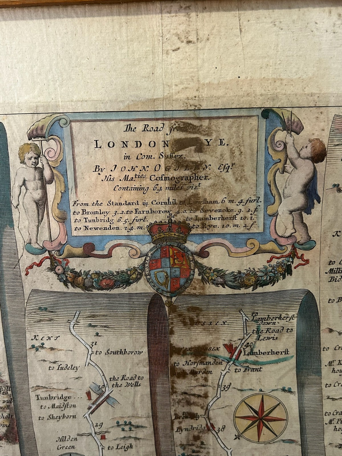 John Ogilby 1675 Road Map London to Rye Sussex Britannia Strip Map Framed3
