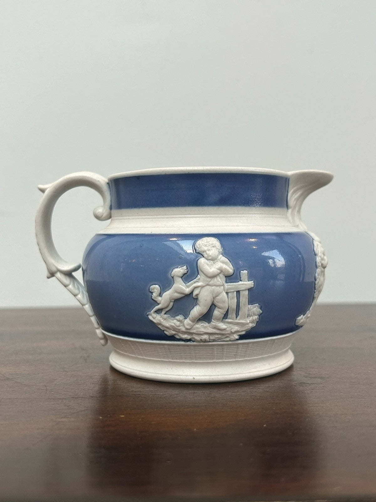 Antique Blue Feldspathic Stoneware Jug White Classical Sprig Relief c1820 Turner2