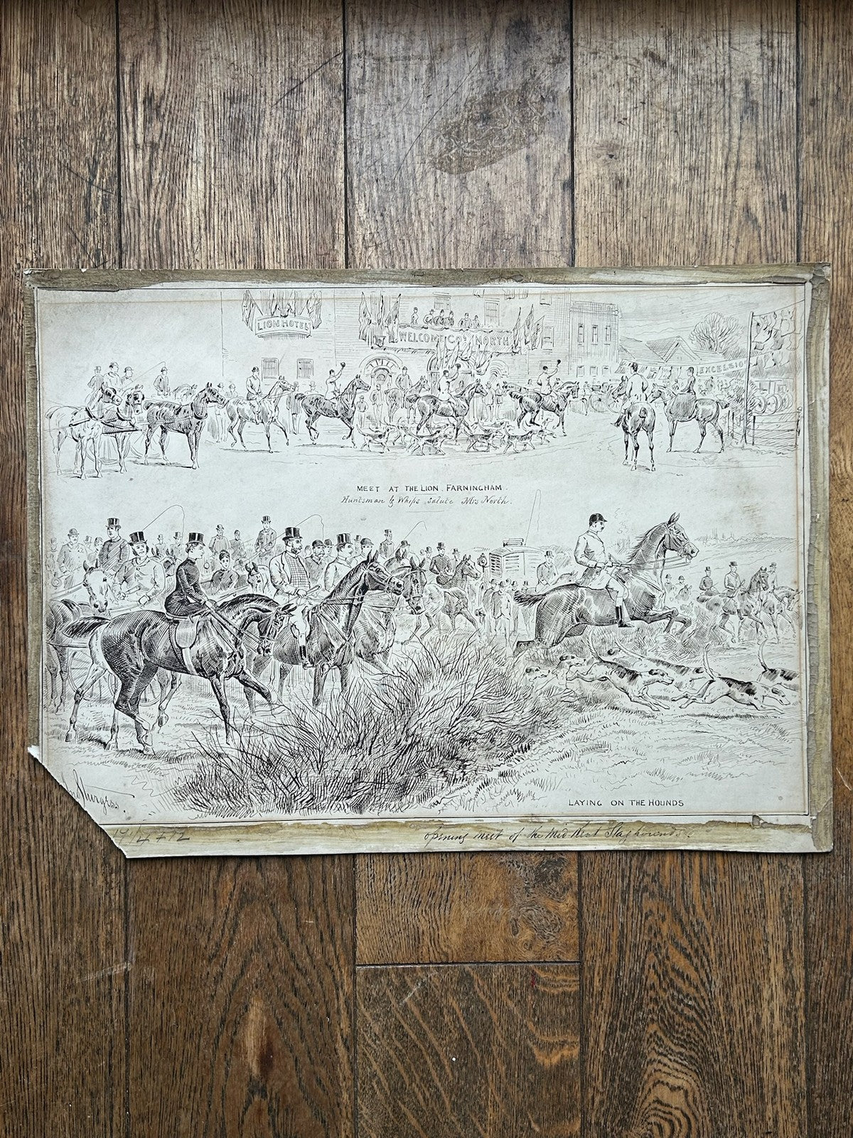 Sturgess Original Pen & Ink Drawing Mid Kent Staghounds Meet at Lion Farningham1