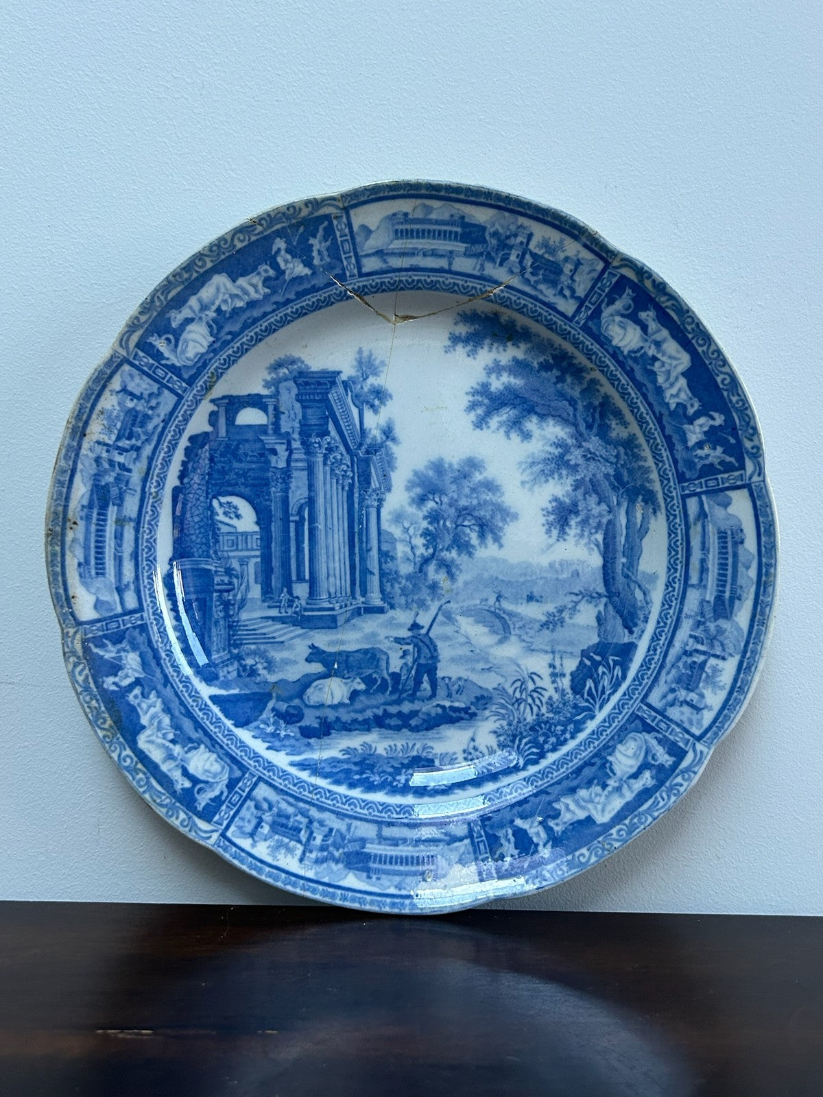 Antique Staffordshire Blue White Transferware Plate Ruins Landscape c18200