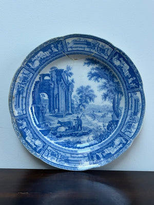 Antique Staffordshire Blue White Transferware Plate Ruins Landscape c1820