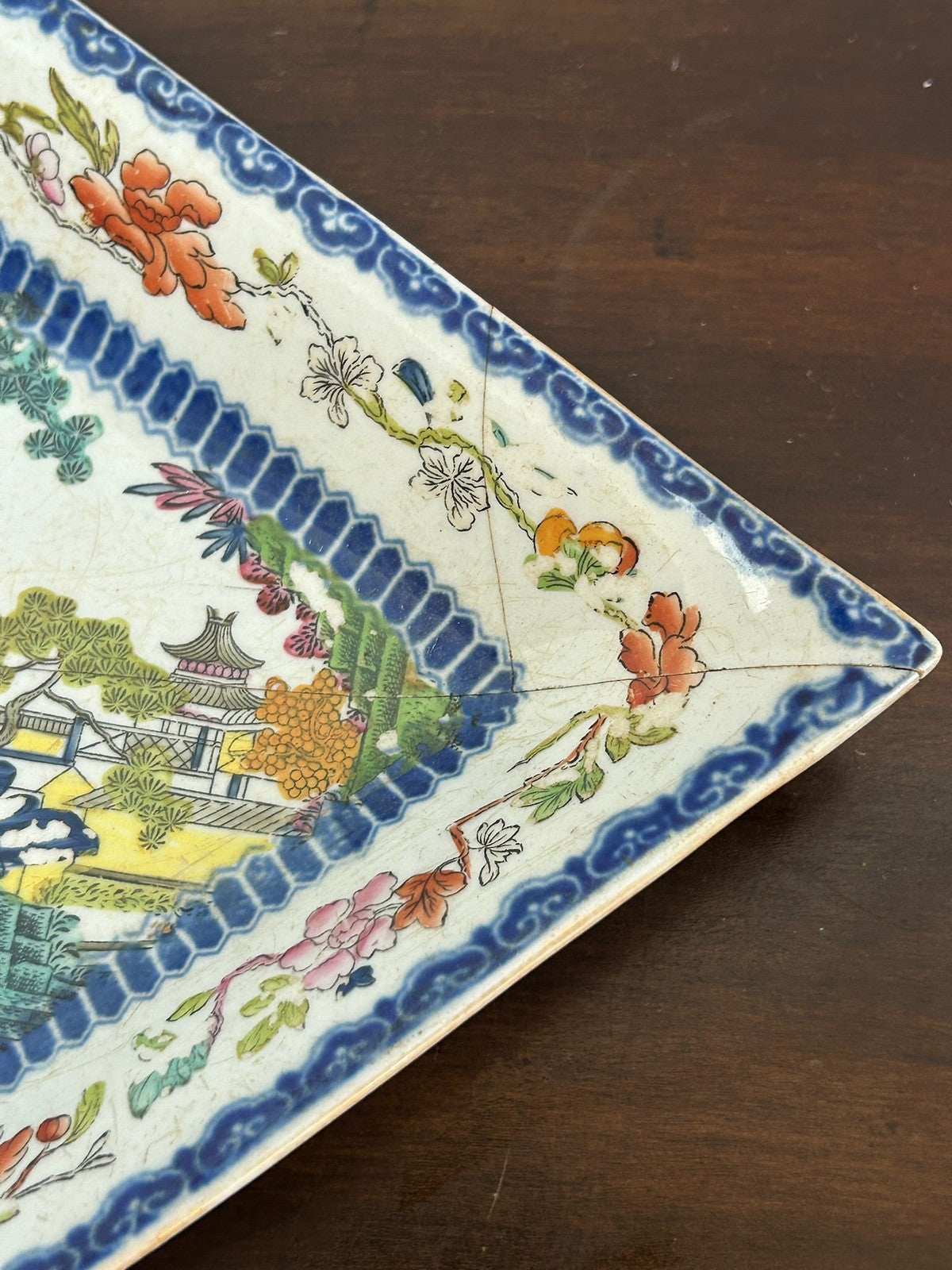 Antique Masons Style Ironstone Dish Chinoiserie Pagoda Blue Polychrome 19thC5