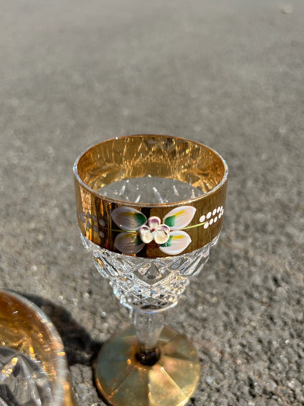 Set of 6 Bohemian Style Cut Crystal Wine Glasses Gilt Bands Enamelled Flowers13