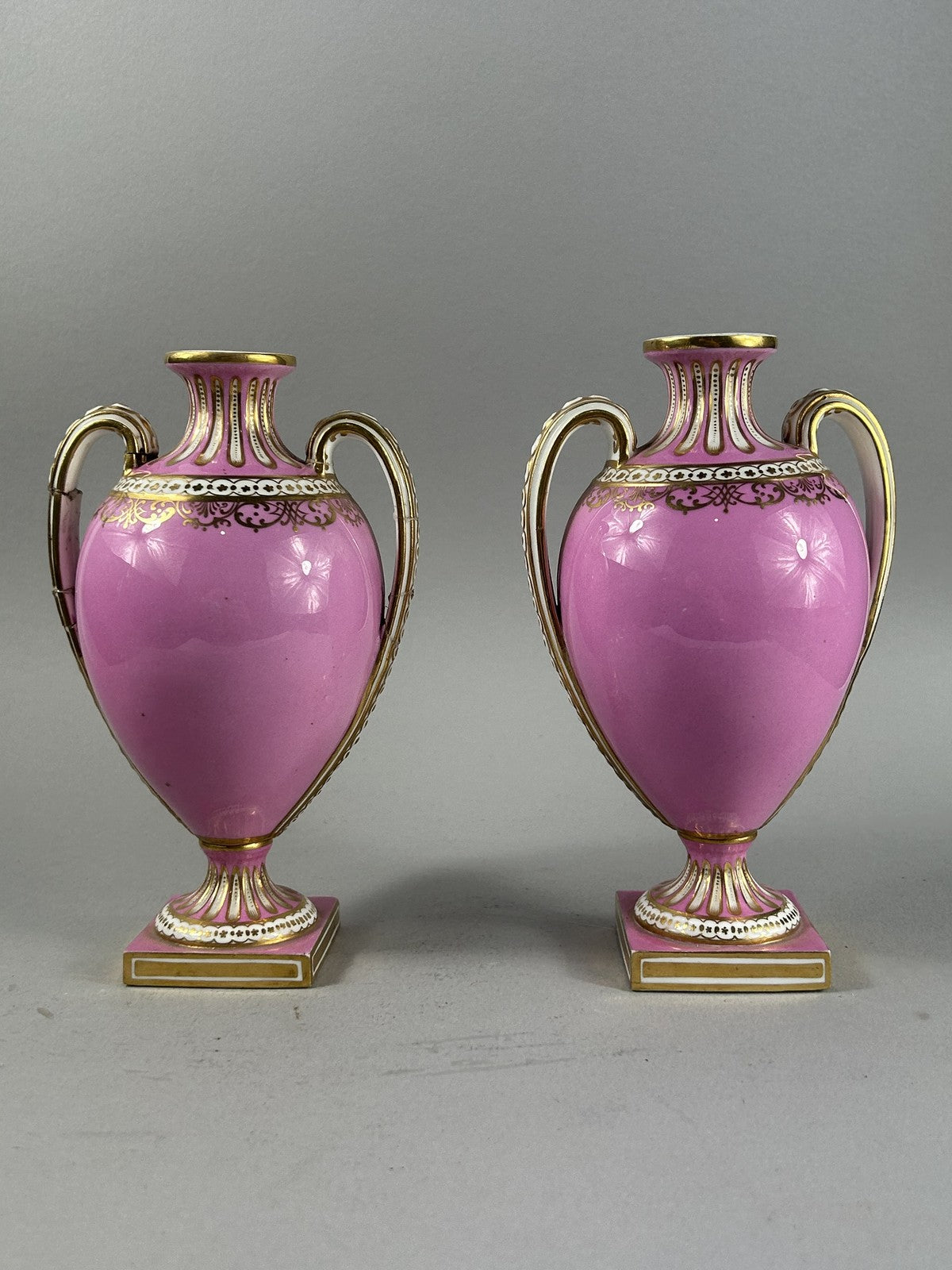 Antique Pair Pink Ground Gilt Porcelain Urn Vases, 18cm
