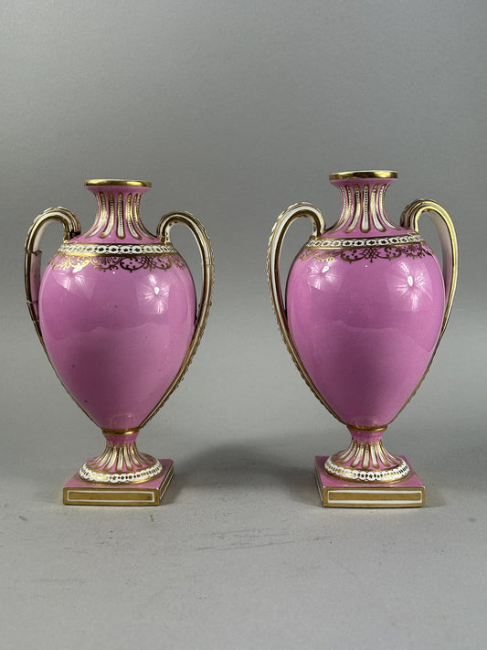 Antique Pair Pink Ground Gilt Porcelain Urn Vases, 18cm