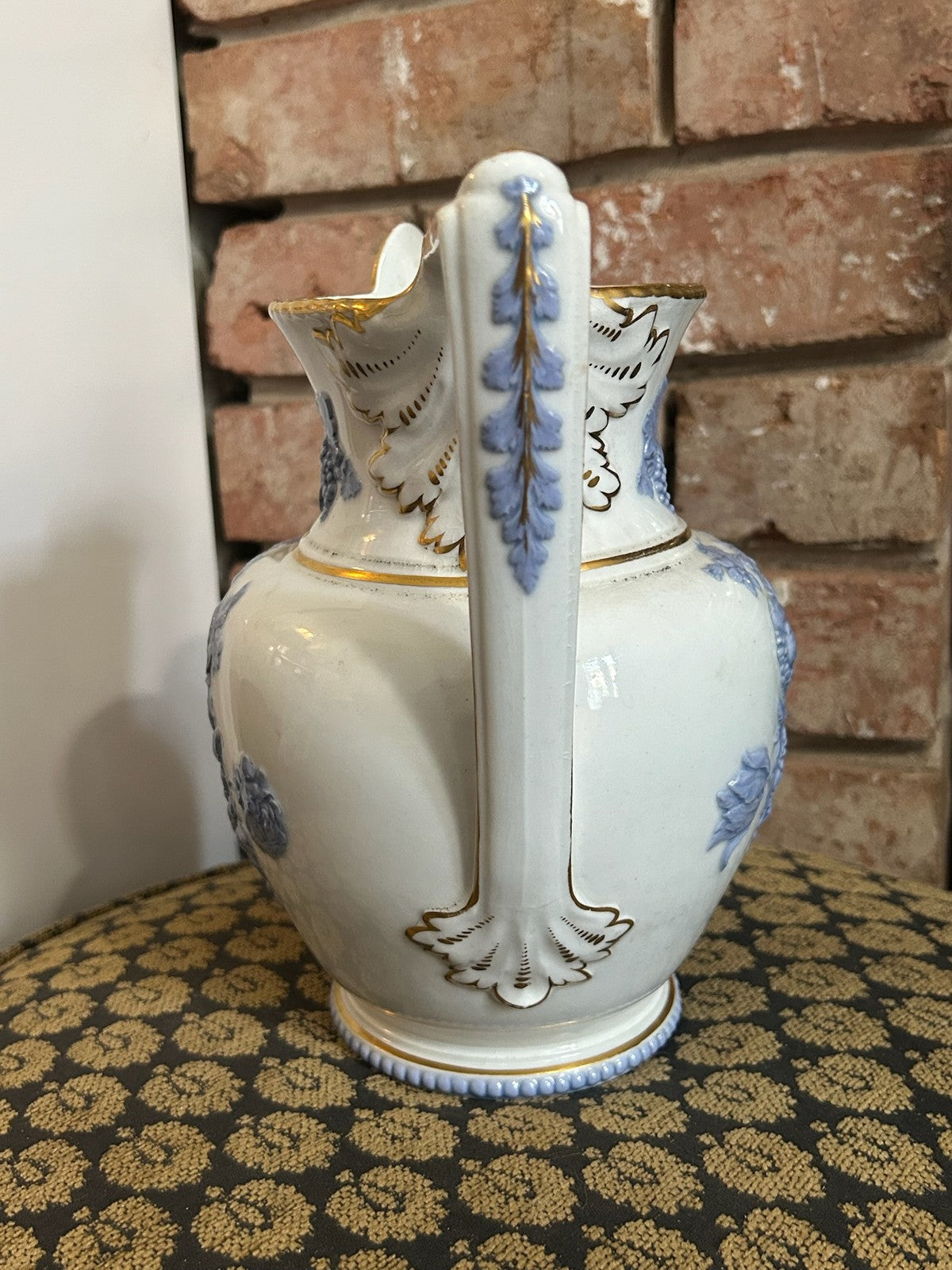 Antique Relief Moulded Jug Blue Sprigged Flowers Grapes Gilt Rim Victorian14