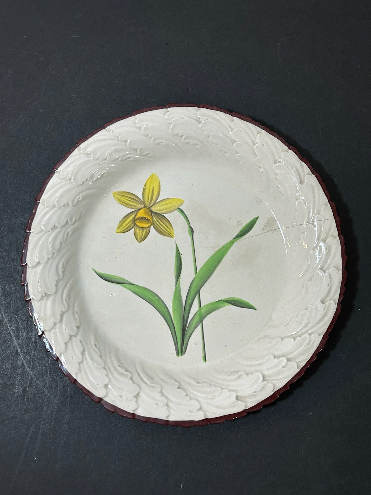 Antique Davenport Creamware Plate Hand Painted Daffodil Impressed Anchor AF0