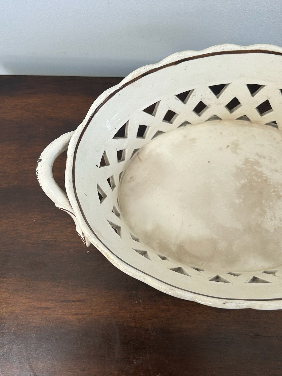 Antique Creamware Twin Handled Pierced Oval Basket A/F8