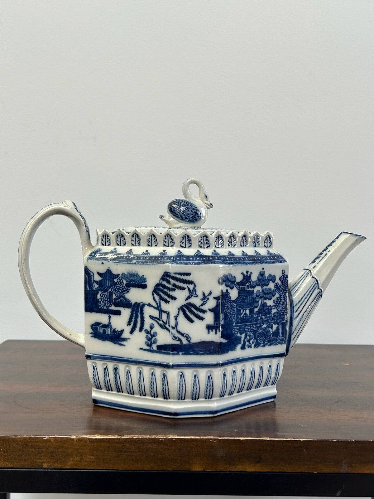 Antique Pearlware Blue White Chinoiserie Teapot Georgian c.18100