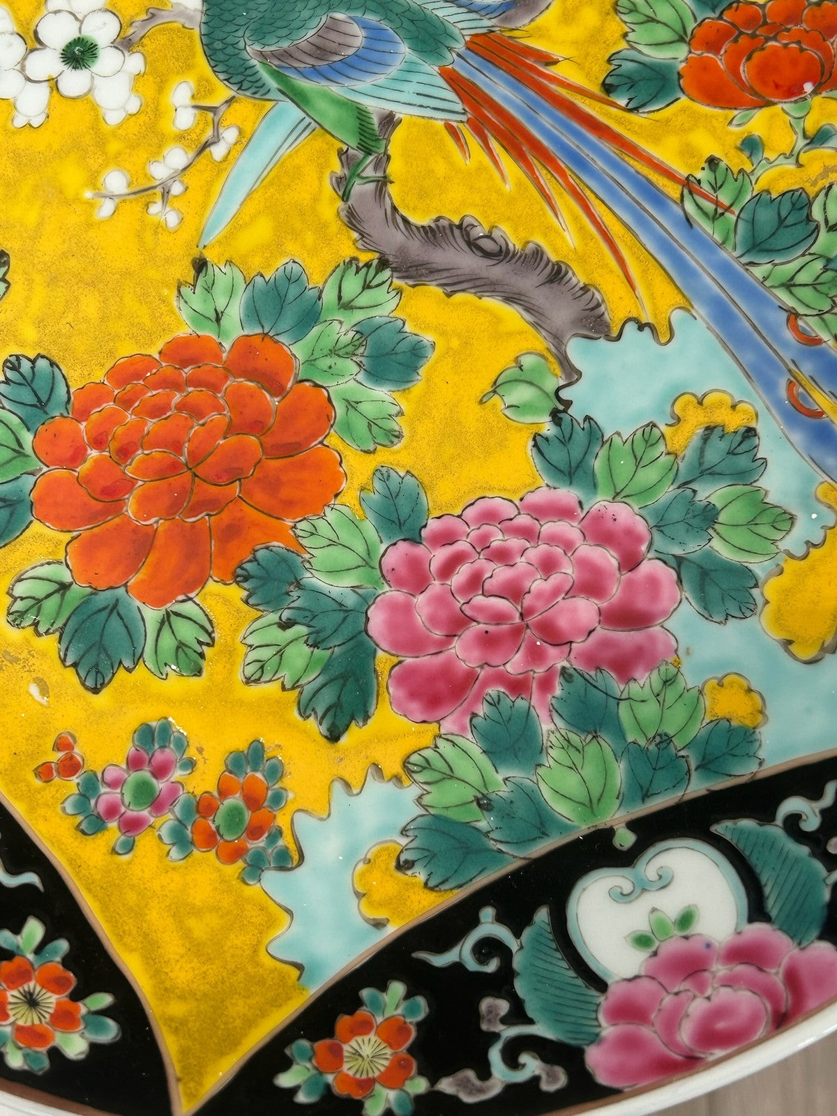 Antique Chinese Famille Noire Charger Peacocks Peonies Birds3