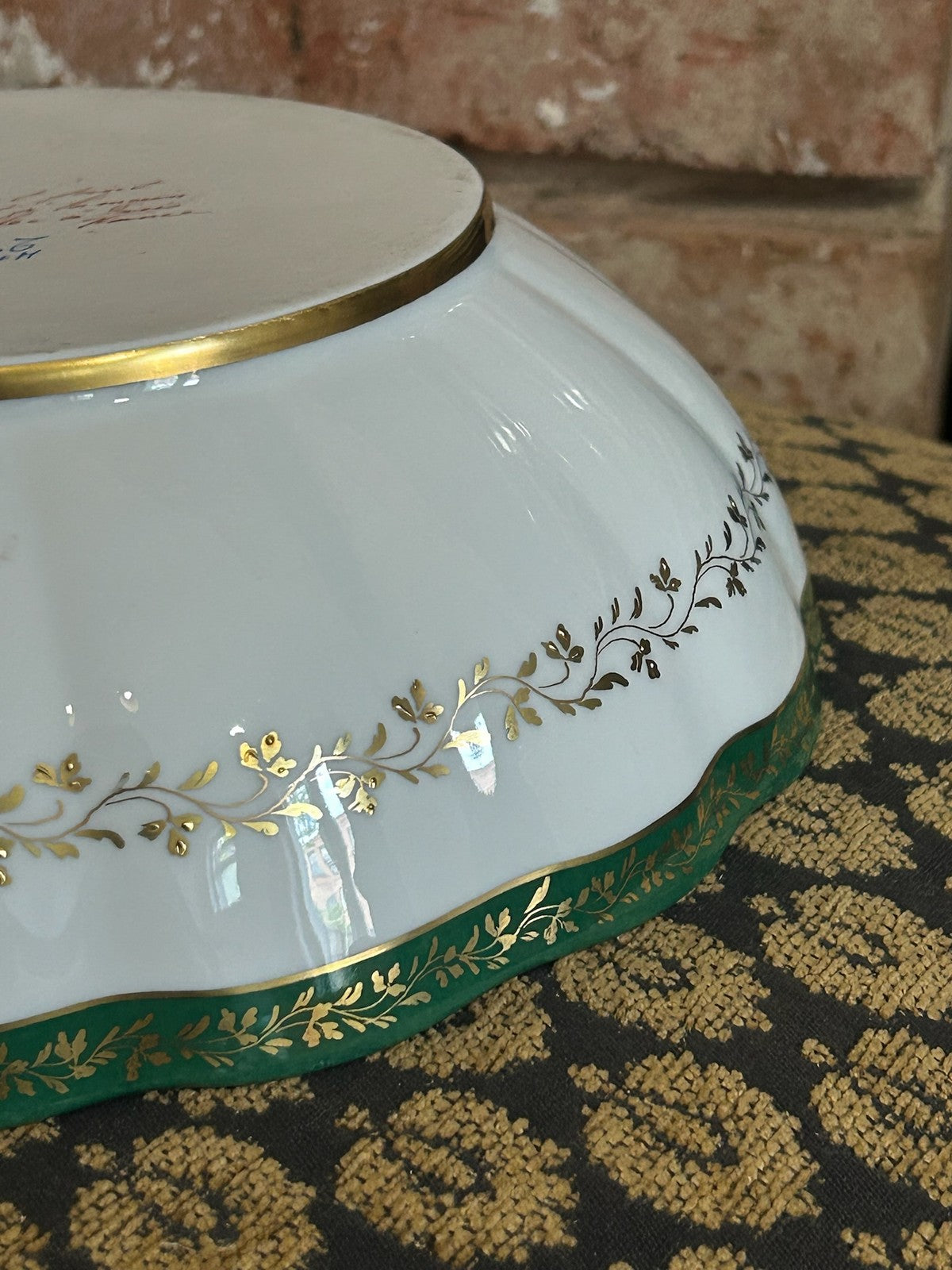 Le Tallec Paris Hand Painted Porcelain Bowl Green Gilt Border Floral Centre20