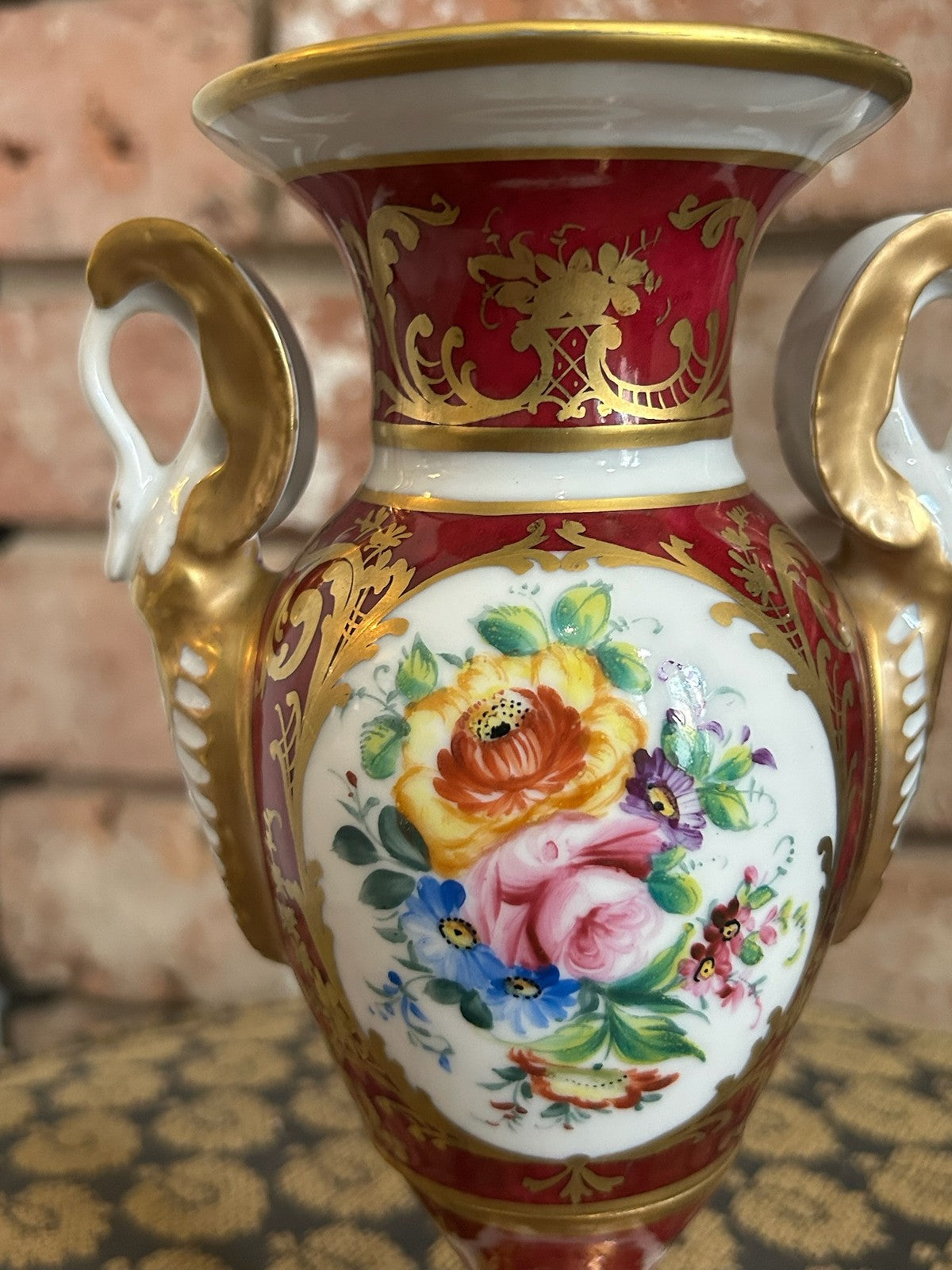 Le Tallec Paris Hand Painted Porcelain Twin Handled Urn Vase Maroon Gilt Floral2