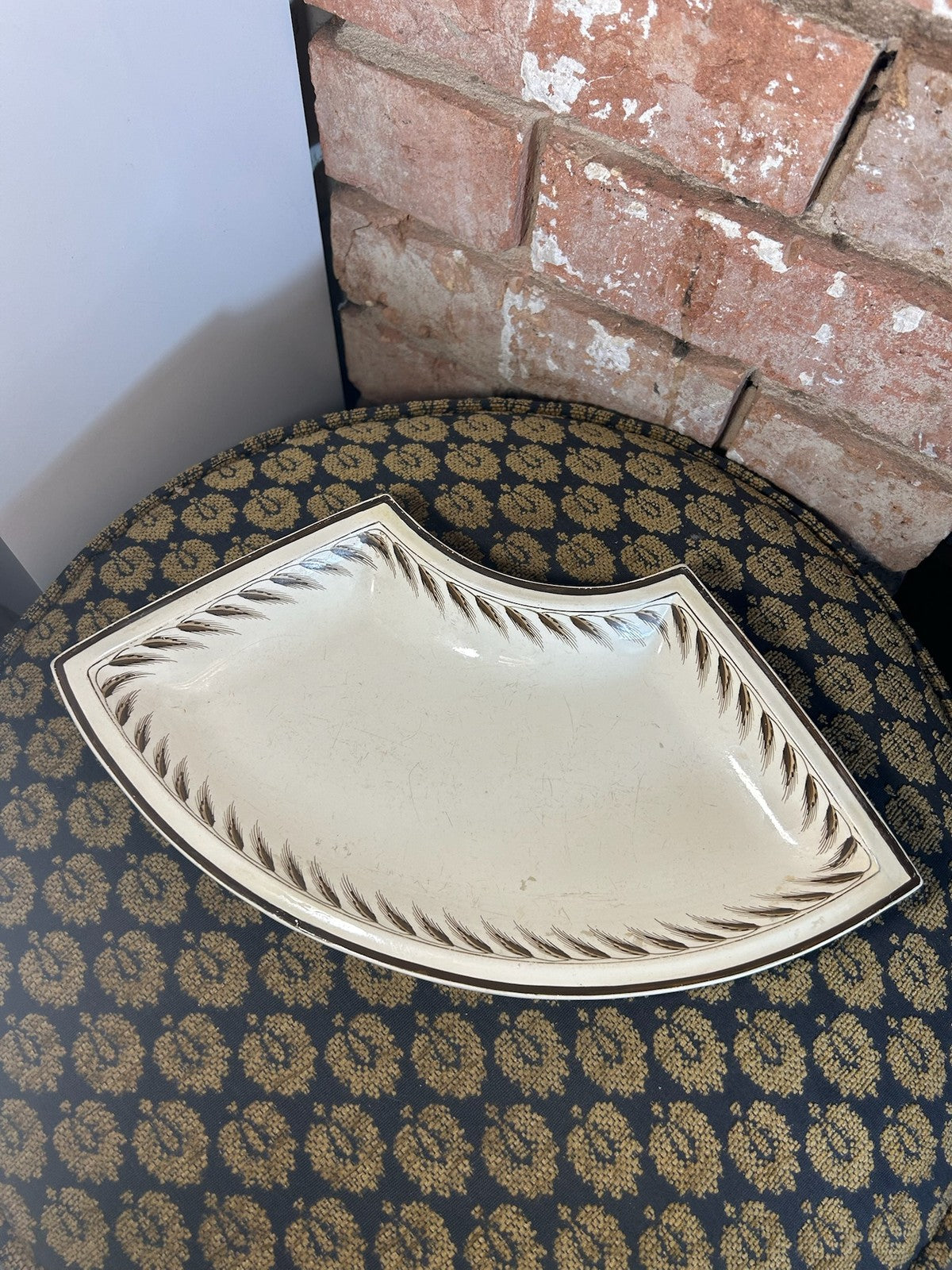 Antique Wedgwood Creamware Supper Set Segment Dish Brown Leaf Border c18000