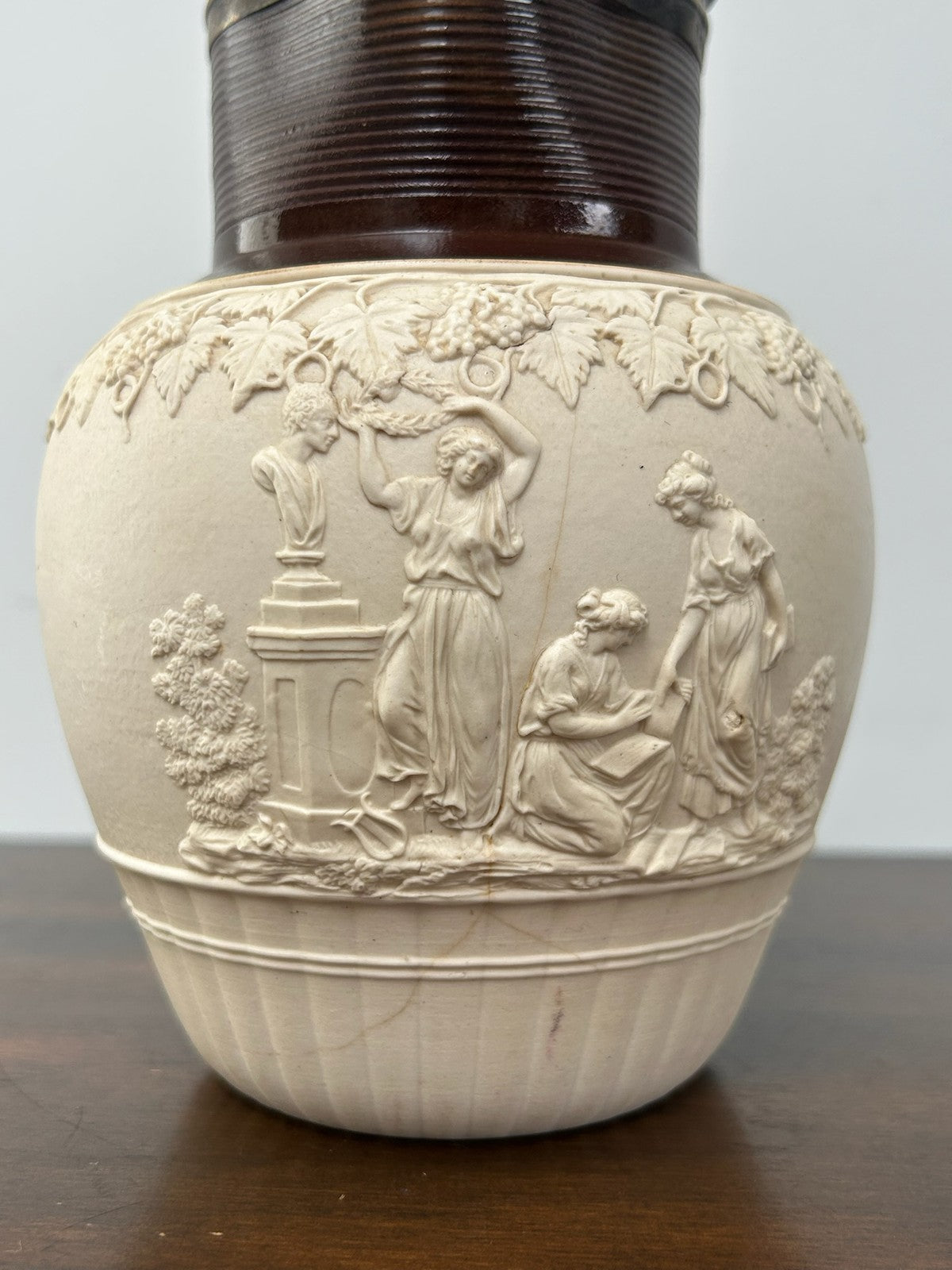 Turner Stoneware Jug Silver Lid 19cm Sprigged Relief Antique Georgian c18001
