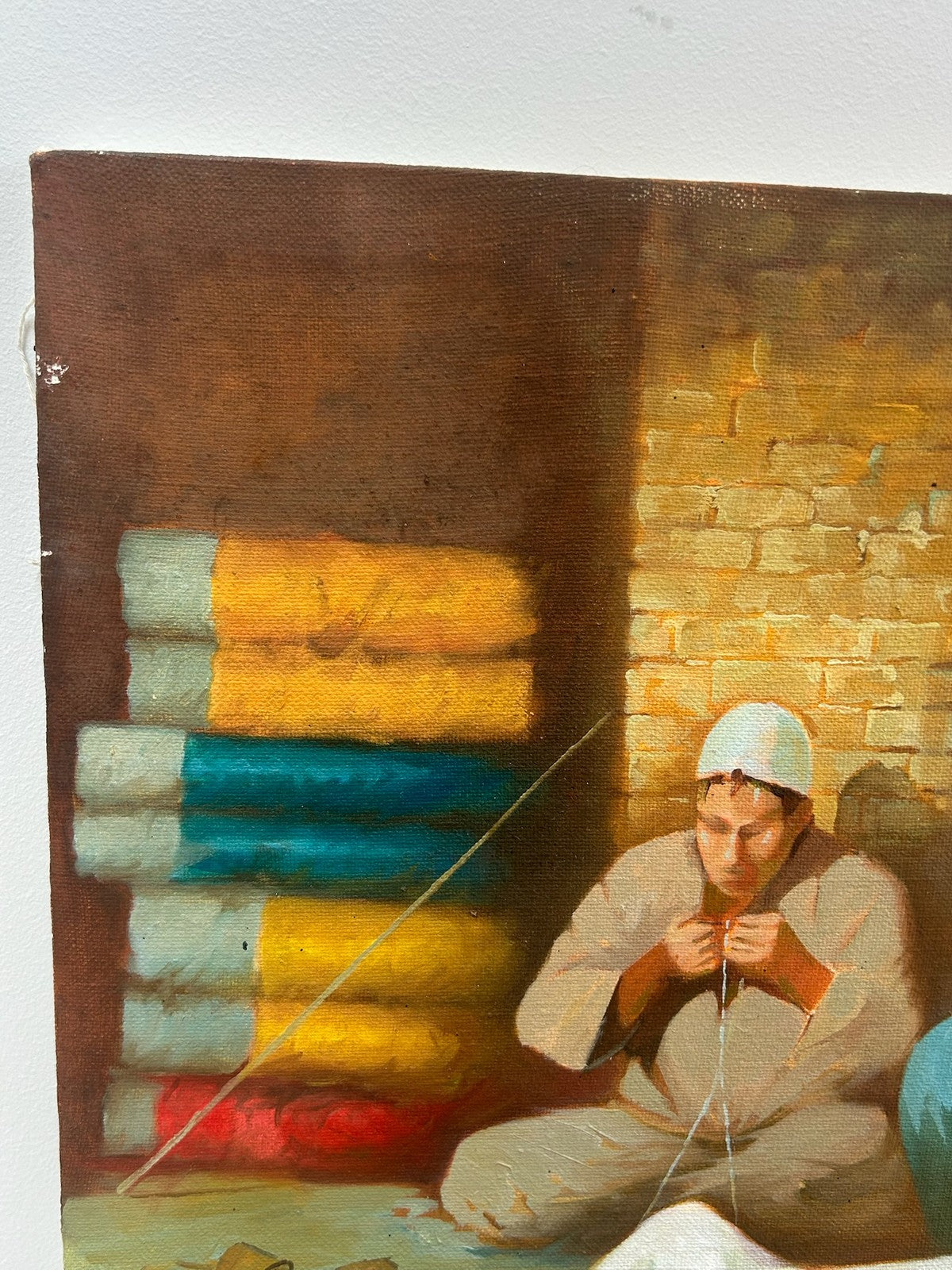 Orientalist Oil Painting Figure with Textiles Merchant Scene Signed2